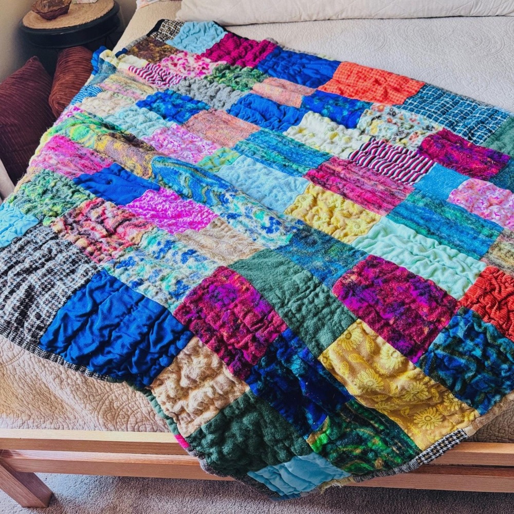 Patchwork Quilt Unique Vintage Handmade Blanket‎ Cozy Bohemian Eclectic Colorful - Picture 2 of 15
